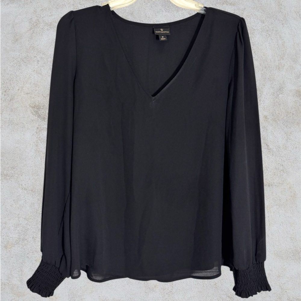 Worthington Black V-Neck Long-Sleeve Blouse with Smocked Cuffs